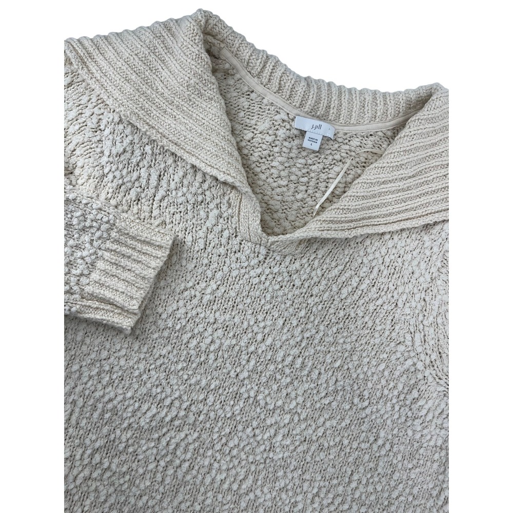 J. Jill Women Cream Boucle Knit‎ Sailor Collar Sweater Pullover Pockets Large L